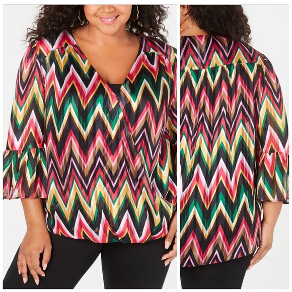 INC International Concepts Tops - INC Colorful Sheer Surplice Top Plus Size 1X